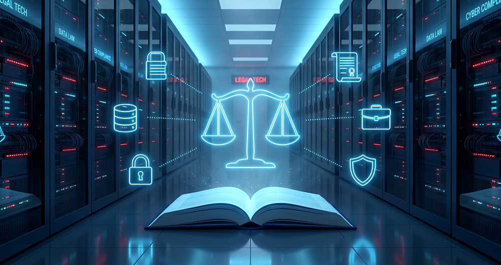 Balanza digital que representa la justicia justo con otros iconos ligados a los datos en una sala con servidores