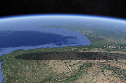 Imagen de portada del ejercicio de datos del eclipse, con la sombra proyectada sobre la península ibérica en GoogleEarth