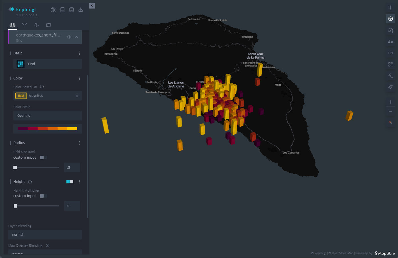 Mapa con los seísmos en la isla de La Palma representados por rectángulos. La altura y el color están asociados a la magnitud del seísmo. 