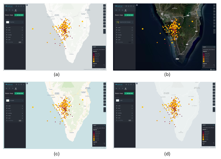 Diferentes cartografías de fondo en KeplerGL para la representación de la actividad sísmica en la isla de La Palma en septiembre de 2021: Positron (a), Satellite (b),  Voyager (c) y Light (d).