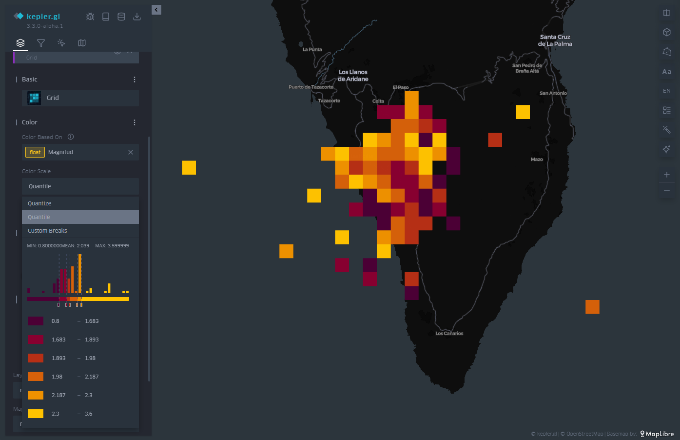 Mapa con los seísmos en la isla de La Palma representados por una malla. El color está asociado a la escala de magnitud del seísmo. 