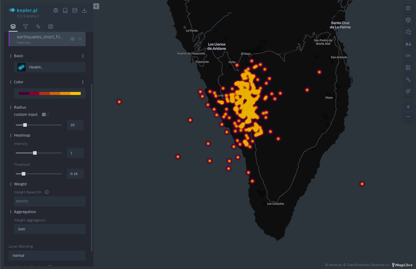 Mapa con los seísmos en la isla de La Palma representados por un mapa de calor. El color está asociado a la densidad de eventos sísmicos. 