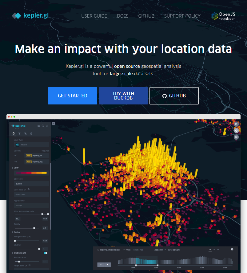 Pantalla principal de KeplerGL donde se nos ofrece un ejemplo de visualización, así como la opción de empezar el proceso de creación de nuestro mapa. 