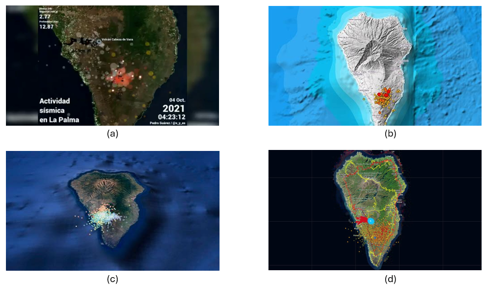 Mapa mostrado en  diversos medios de comunicación con los epicentros de la actividad sísmica previa a la erupción del volcán de la Palma. (a) Antena3, (b) Telemadrid, (c) La Vanguardia y (d) ElDiario.es 