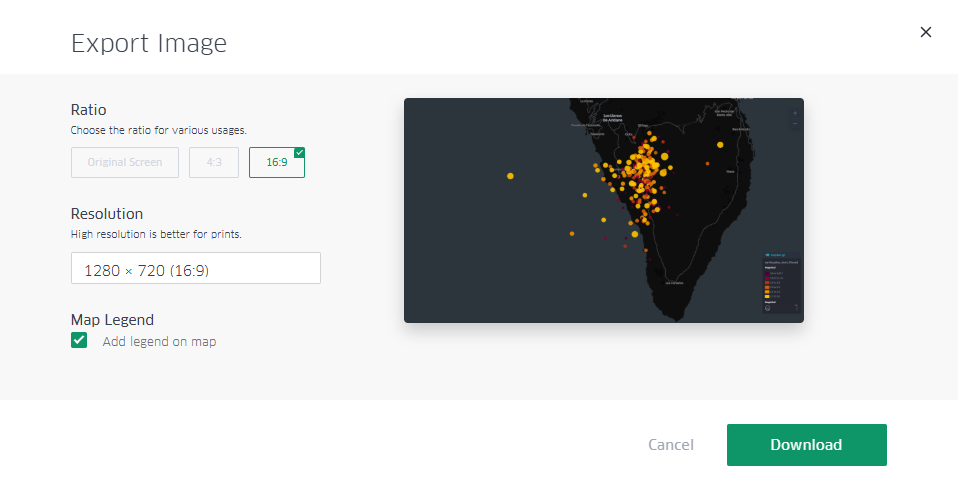 Cuadro de diálogo para exportar el mapa como una imagen. Nótese la selección de la casilla de mostrar la leyenda, así como la selección de un formato panorámico con espacio para incorporar más adelante elementos infográficos en otros contenidos 