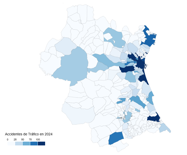 Mapa del número de accidentes por municipio en la provincia de Valencia en 2024. 