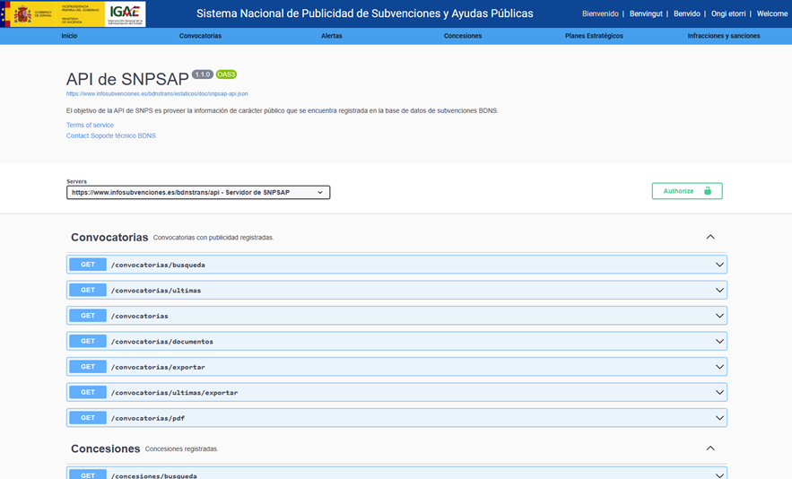 Figura 1. Captura de la API del Sistema Nacional de Publicidad de Subvenciones y Ayudas Públicas