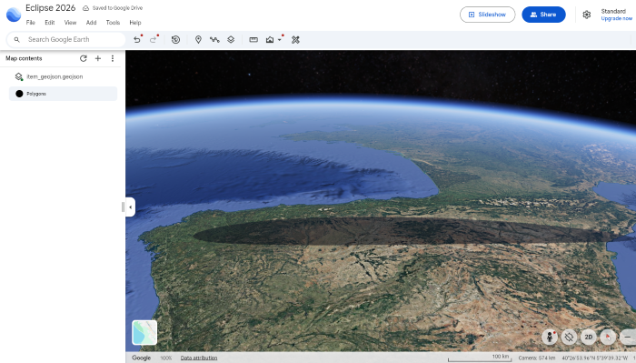 Figura 10: Mapa de las zonas de sombra creadas por el eclipse en Google Earth. Fuente: elaboración propia -datos.gob.es