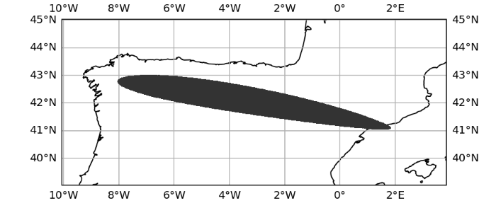 Figura 8: Mapa de la zona de sombra a los 20 minutos del comienzo del eclipse creado en Cartopy. Fuente: elaboración propia -datos.gob.es. 