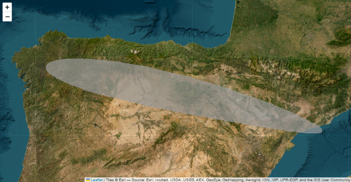 Figura 11: Mapa de las zonas de sombra creadas por el eclipse en Leaflet. Fuente: elaboración propia -datos.gob.es. 