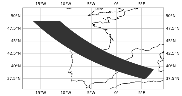 Figura 7: Mapa de la zona de sombra agregada creado por el eclipse desarrollado en Cartopy. Fuente: elaboración propia -datos.gob.es