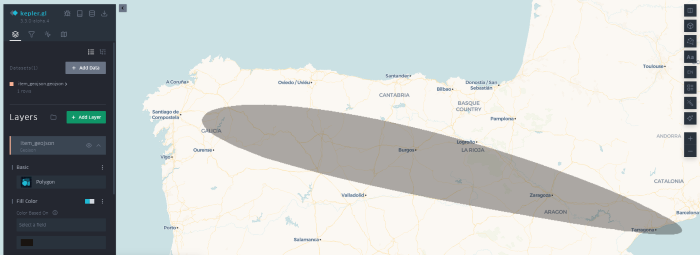 Figura 9: Mapa de las zonas de sombra creadas por el eclipse en KeplerGL. Fuente: elaboración propia -datos.gob.es.