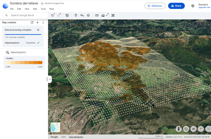 Figure 5: Map on GoogleEarth of the natural shadow areas by elevation of the terrain at the time of the eclipse in the municipality of Amurrio. Source: Done by datos.gob.es.   