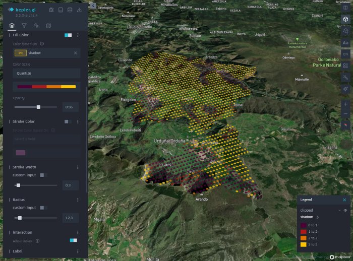 Figure 4: KeplerGL map  of the natural shadow areas by elevation of the terrain at the time of the eclipse in the municipality of Amurrio. Source: Done by datos.gob.es. 