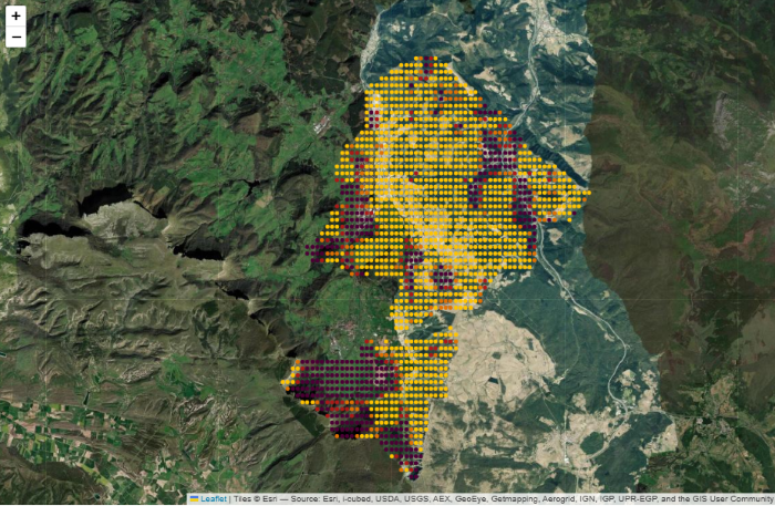 Figura 6: Mapa de las zonas de sombra naturales por elevación del terreno a la hora del eclipse en el municipio de Amurrio en Leaflet. Fuente: elaboración propia -datos.gob.es. 