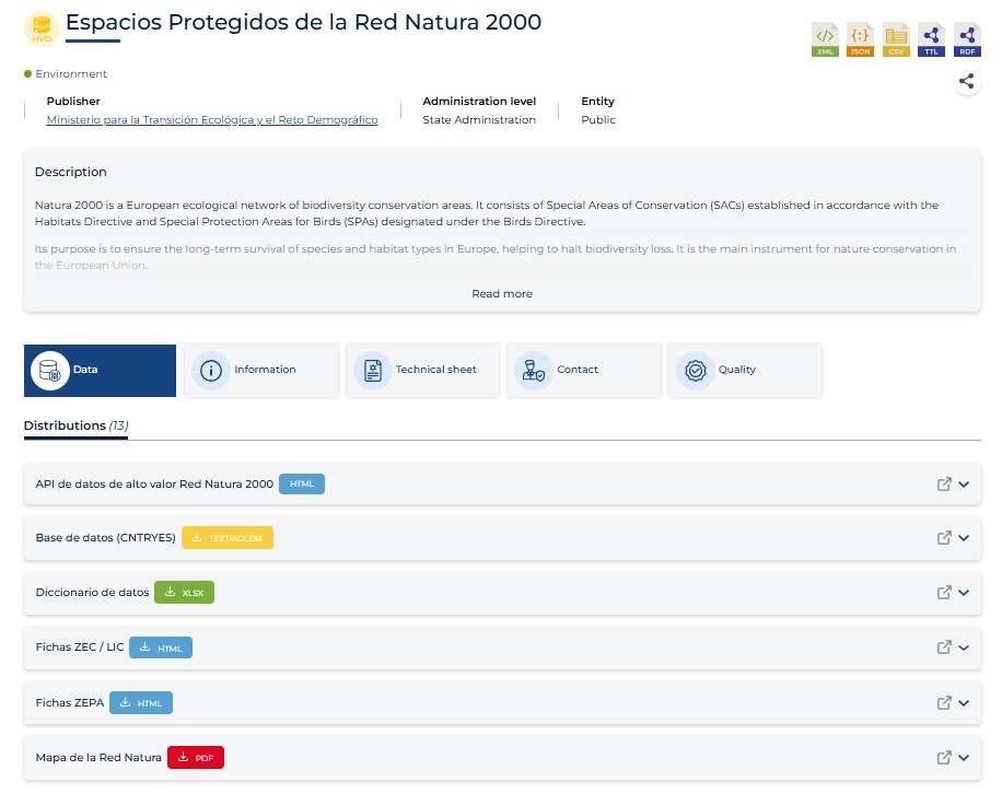 Example of a view of a dataset in the catalog, showing the new organization of metadata divided into data, information, technical specifications, contact, and quality.