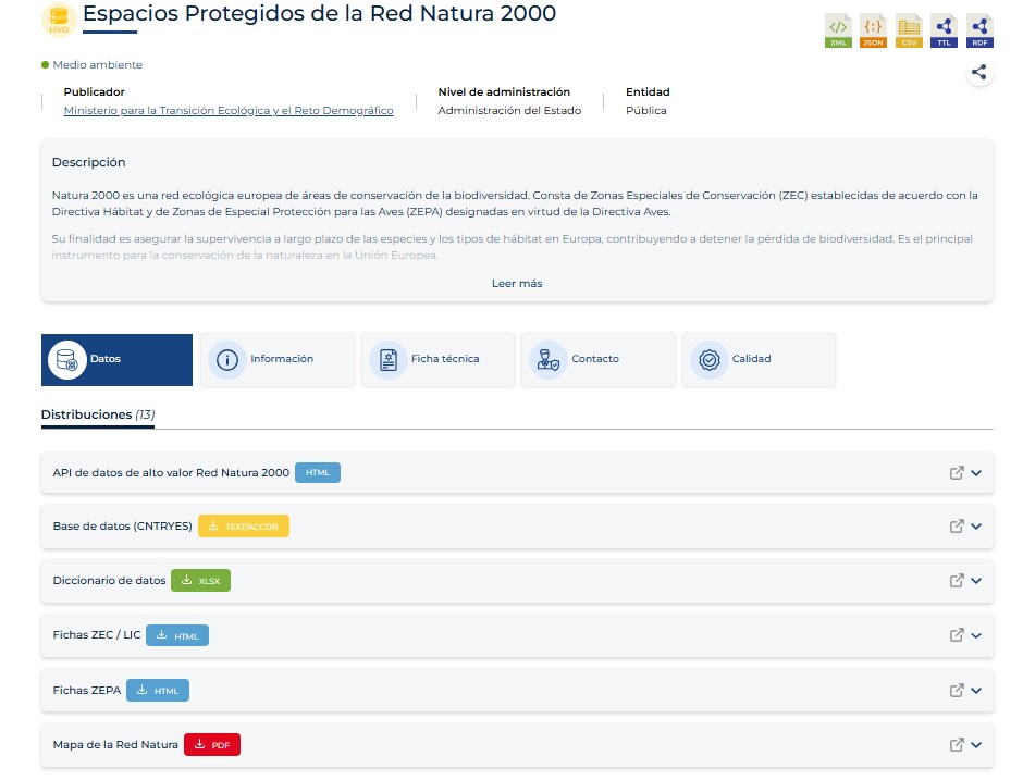 Ejemplo de vista de un conjunto de datos en el catálogo, donde se muestra la nueva organización de los metadatos divididos en datos, información, ficha técnica, contacto, calidad.