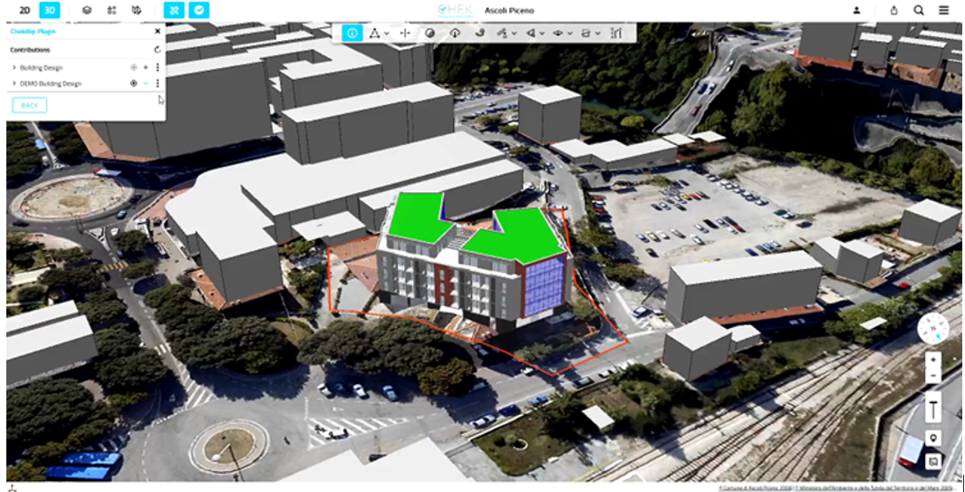 3D aerial view of an urban area showing a digital building model under development. The highlighted building has green-colored roof sections and is outlined within a red boundary. Surrounding elements include streets, parking areas, railway tracks, and nearby buildings, illustrating a GeoBIM-style urban analysis.