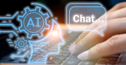 Stock image showing a keyboard and icons that represent a conversational assistant.