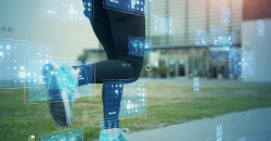 Legs of a running person with data and graphs in the foreground