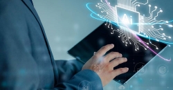 Image of arms holding a laptop and vectors with artificial intelligence initials.