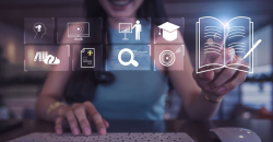 Girl typing on computer and icons representing summer data courses.