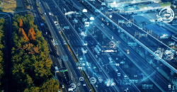 carreteras con vehículos e iconos de datos delante
