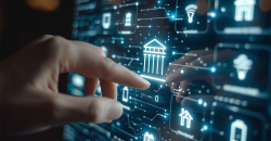 screen with icons representing the public administration and a hand reaching out to touch them.