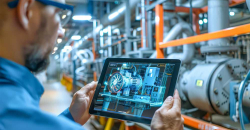 Ingeniero que sostiene una tablet en la que se refleja el gemelo digital de un generador eléctrico en un centro de investigación y desarrollo de Industria 4.0.