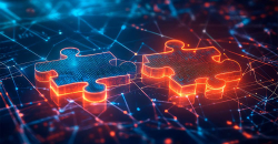 Puzzle pieces, made up of data, that fit together, referring to interoperability.