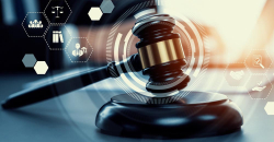 A judge's gavel surrounded by icons that represent data.