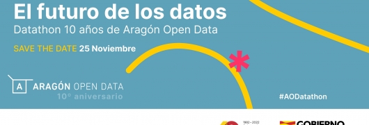 Banner "El futuro de los datos. Datathon 10 años de Aragón Open Data. Save the date 25 noviembre. Aragon Open Data 10 aniversario".