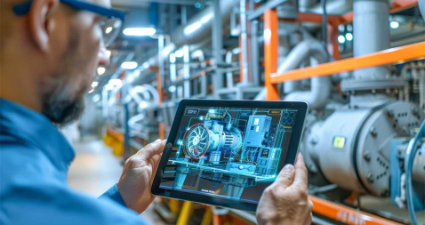 Ingeniero que sostiene una tablet en la que se refleja el gemelo digital de un generador eléctrico en un centro de investigación y desarrollo de Industria 4.0.