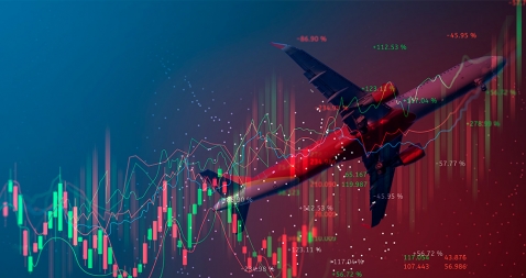 Imagen de un avión con una gráfica y datos superpuestos