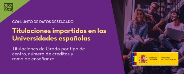 Conjunto de datos destacado: Titulaciones impartidas en las Universidades Españolas. Titulaciones de Grado por tipo de centro, número de créditos y rama de enseñanza. Publicador: Ministerio de Universidades.