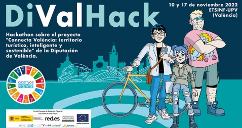 Banner DiValHack: Hackathon sobre el proyecto “Connecta Valencia: Territorio Turístico Inteligente y Sostenible” de la Diputación de Valencia, 10 y 17 de noviembre de 2022, ETSINF-UPV (Valencia).