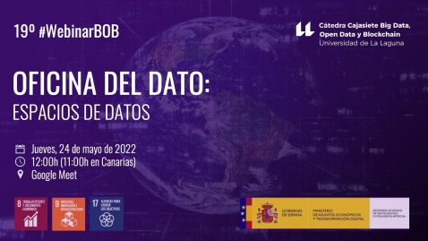 Banner 19 Webinar BOB. Oficina del dato: Espacios de datos. Jueves, 24 de mayo de 2022. 12:00h (11:00h en Canarias). Google Meet.