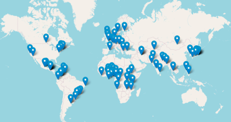 Mapa del mundo donde se destacan con un marcador los lugares donde se celebran eventos del Open Data Day 2025