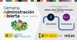 Cartel del webinar online del 29 de junio sobre La Oficina del dato y la Iniciativa aporta (datos.gob.es) con motivo de la semana de la Administración abierta