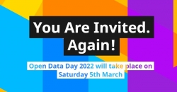 Cartel del Open Data Day 2022 con el texto: "You are invited. again! Open Data Day 2022 will take place on Saturday 5th March"