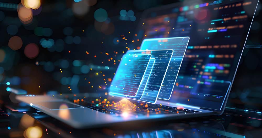 Ordenador con ilustraciones digitales que representa intercambio de datos