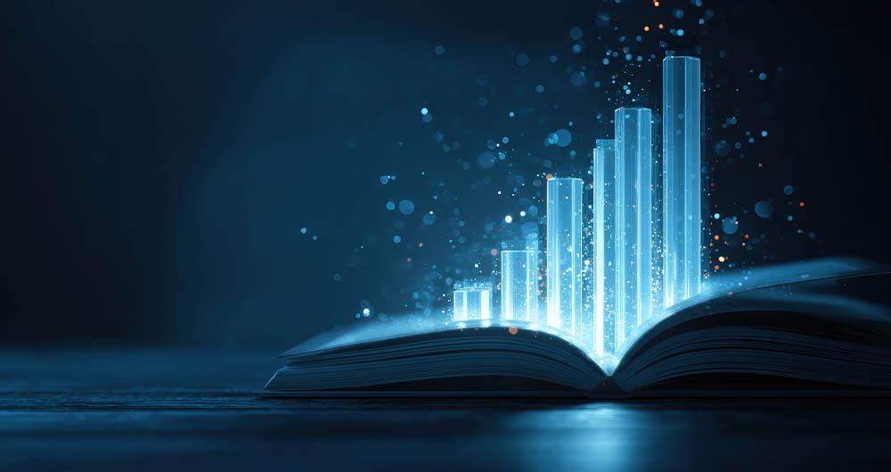 Icono de un libro del que sale una visualización de datos