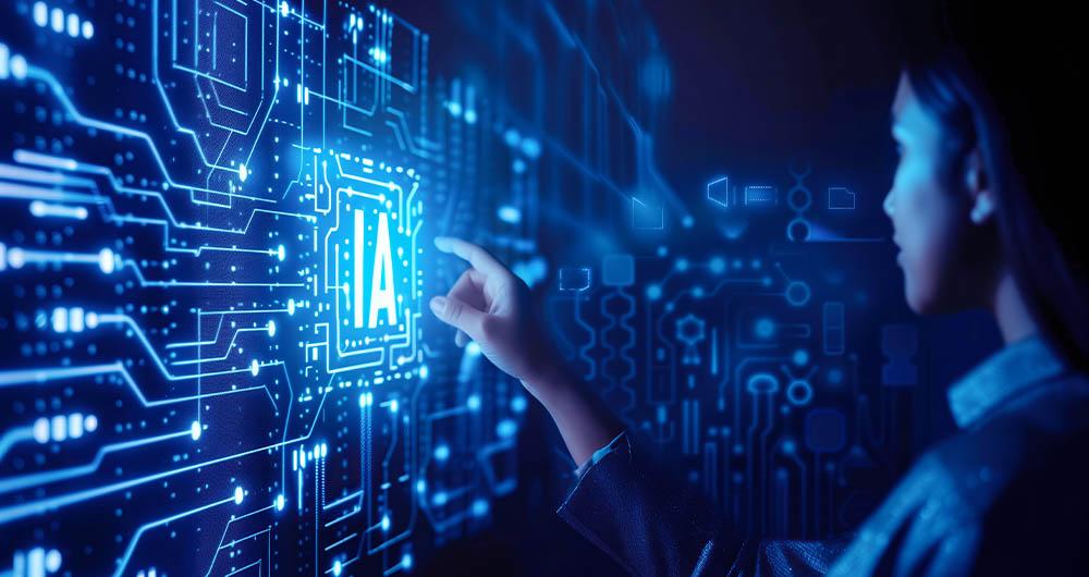 Una mujer de negocios hace clic en un holograma de IA que se muestra en una pantalla