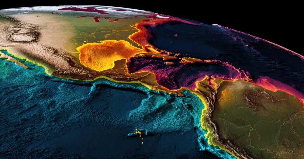 Un mapa topográfico colorido que destaca la elevación y las características del terreno en Centroamérica y el norte de Sudamérica.