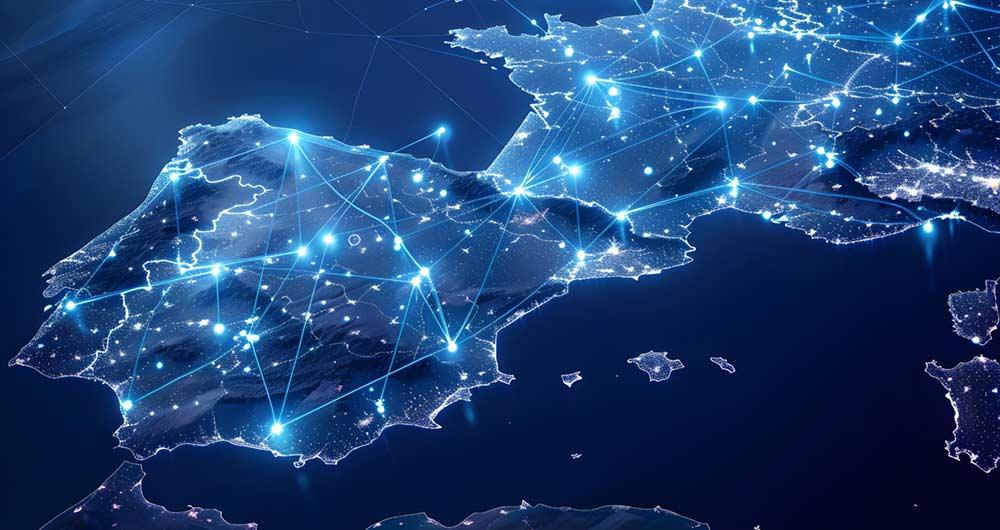 Mapa de España con puntos y líneas que representan flujos de datos