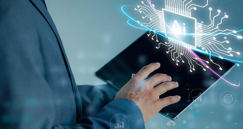 Image of arms holding a laptop and vectors with artificial intelligence initials. Image of arms holding a laptop and vectors with artificial intelligence initials.