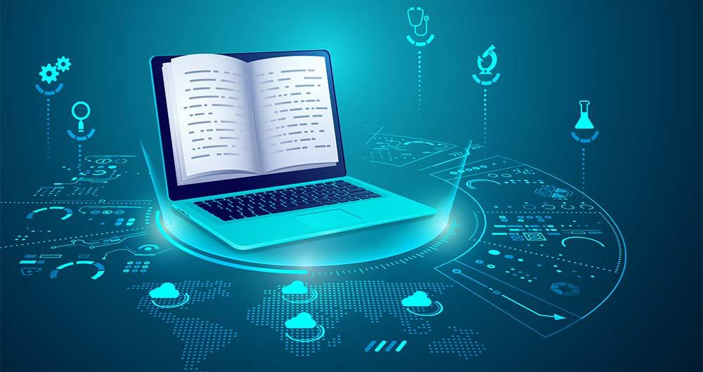 image of a computer with a book superimposed on it to represent digital educational resources