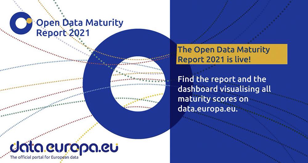 Banner of the open data Maturity Report 2021, indicating that it is already published. Scores can be found through the report and interactive tables.