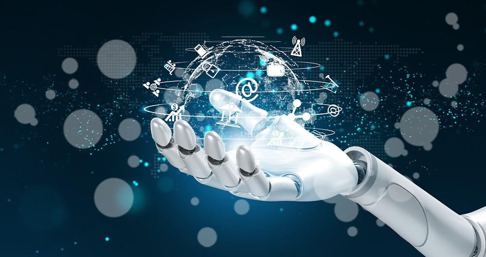 robotic hand holding a world ball