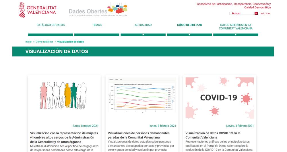 Open data portal of the Generalitat Valenciana Capture of the visualizations section of the open data portal of the Generalitat Valenciana. URL: http://portaldadesobertes.gva.es/es/visualitzacio-de-dades